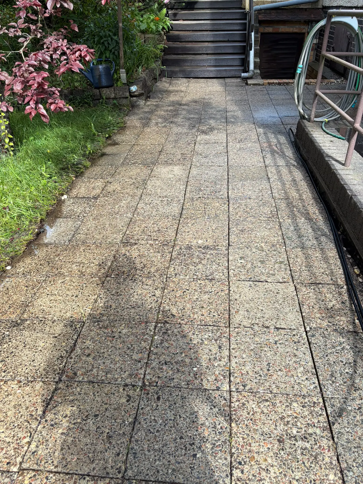 Plattenweg nach der Hochdruckreinigung mit sauberen Fugen